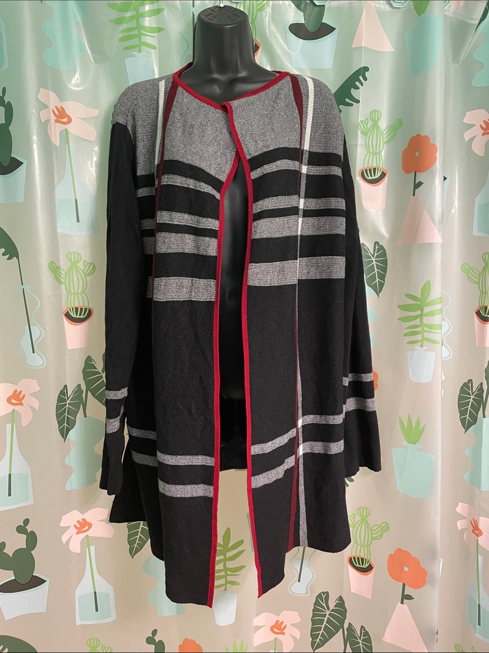 Kasper Black and Gray Open-Front Cardigan with Red Trim